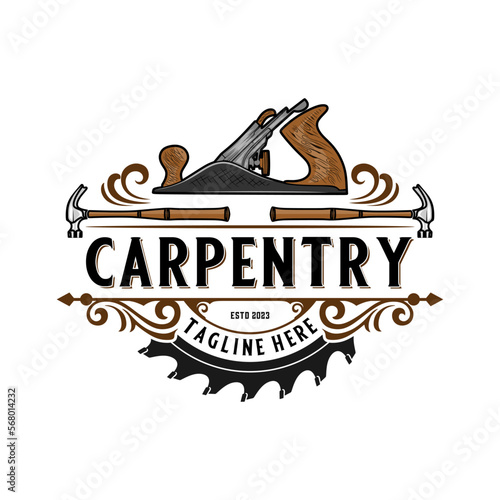 carpenter vintage logo design. Hand plane, saw icon and hammer icon for woodworking, carpentry, furniture and construction design
