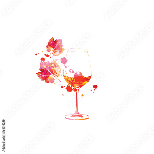 Elegant wine glass with grapevine leaves. Floral aroma wine in goblet. Colorful stemware with alcoholic beverage for celebrations, special occasions, fairs and degustation events. Vector illustration