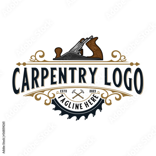 carpenter vintage logo design. Hand plane, saw icon and hammer icon for woodworking, carpentry, furniture and construction design