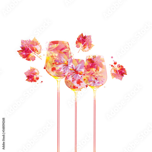 Elegant wine glasses with grapevine leaves. Floral aroma wine in goblet. Colorful stemware with alcoholic beverage for celebrations, special occasions, fairs, degustation events. Vector illustration