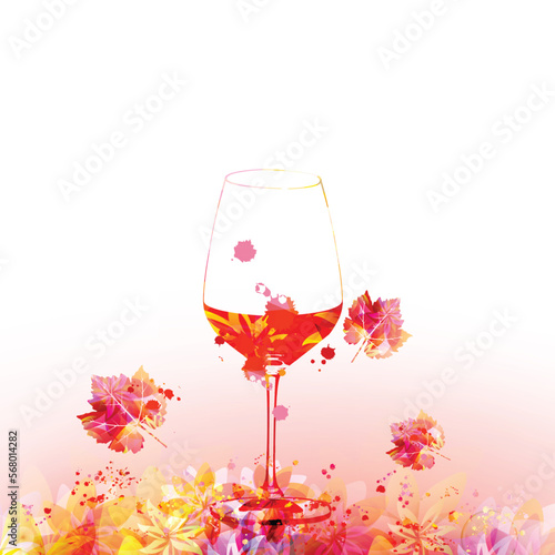 Elegant wine glass with grapevine leaves. Floral aroma wine in goblet. Colorful stemware with alcoholic beverage for celebrations, special occasions, fairs and degustation events. Vector illustration