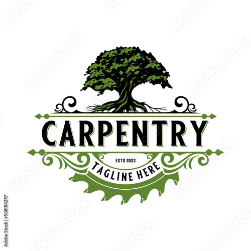 vintage logo design carpentry, oak tree icon with chisel in emblem shape, for crafts, carpentry, furniture and construction
