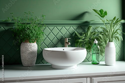 A realistic close up of a white vanity unit countertop with a ceramic wash basin and faucet  decorative plants  and a space for items overlay tiles on a green wall in the distance. mockup  void  Bathr