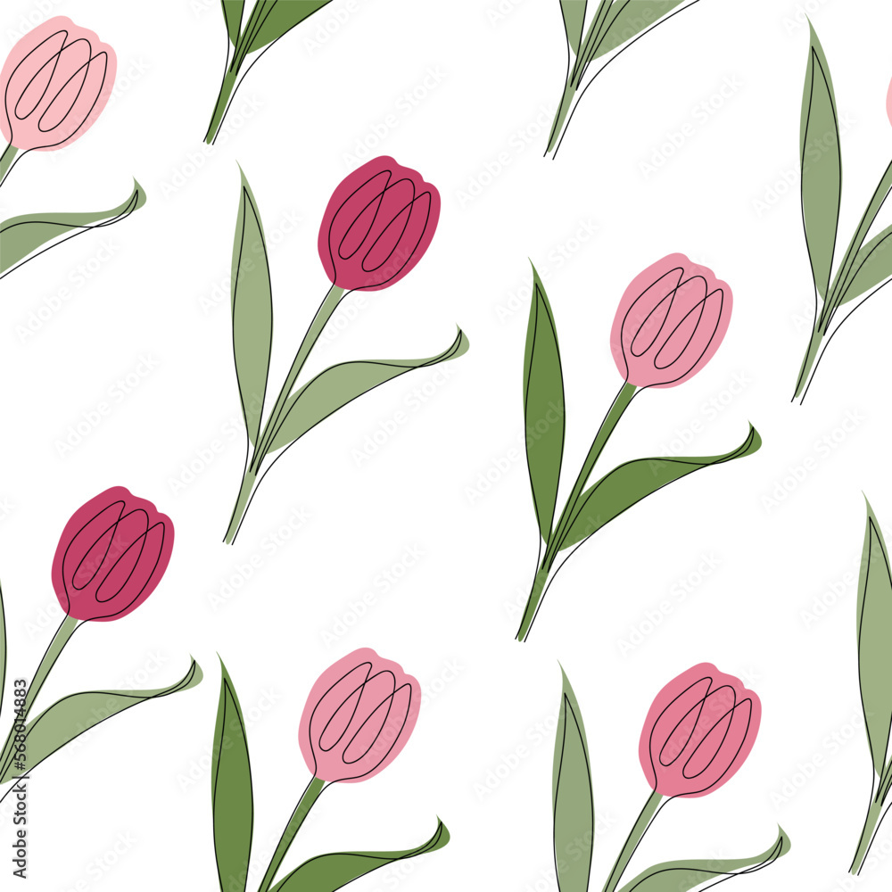 Seamless pattern of tulips drawn in one line. Vector illustration isolated on white background Seamless pattern of tulips drawn in one line. Vector illustration isolated on white background