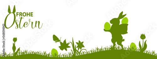 Frohe Ostern Ferien Hintergrund Banner Vektor Illustration - Grüne Silhouette von Osterhase mit Korb auf Rücken und Ostereiern auf Wiese im Frühling, isoliert auf weißem Hintergrund, deutscher Text