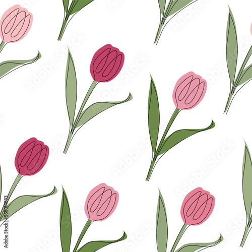 Wallpaper Mural Seamless pattern of tulips drawn in one line. Vector illustration isolated on white background Torontodigital.ca