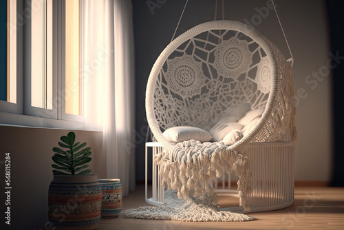 a tiny chair with a seat made of macramé. Modern bedroom with lots of light. Generative AI