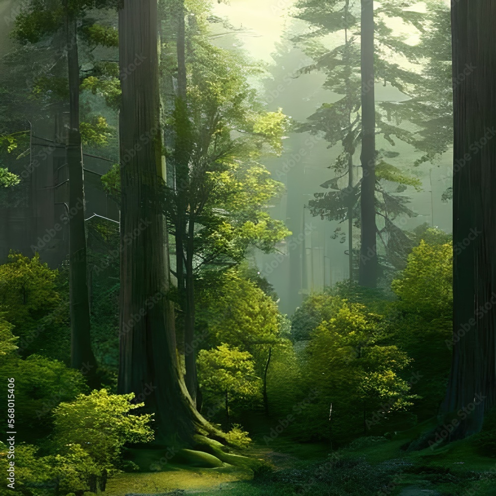 Fototapeta premium a painting of a forest filled with lots of trees, a detailed matte painting, matte painting, speed painting, painterly.
