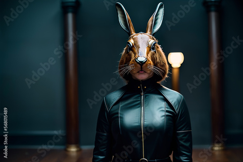 Woman dressed in latex leather suit and bunny mask for adult bdsm games. Generative AI photo