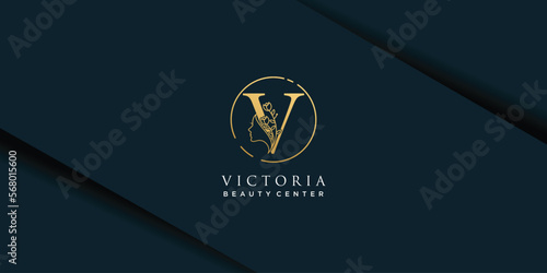 Women beauty face logo with monogram letter V gold gradient design template