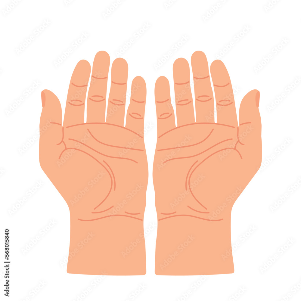 Open hands looking up for praying or asking. Palm hands up. Gesture with two hands together. Vector flat illustration. Open hands looking up for praying or asking. Palm hands up. Gesture with two hands together. Vector flat illustration.