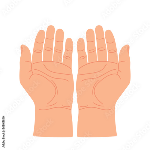 Open hands looking up for praying or asking. Palm hands up. Gesture with two hands together. Vector flat illustration.