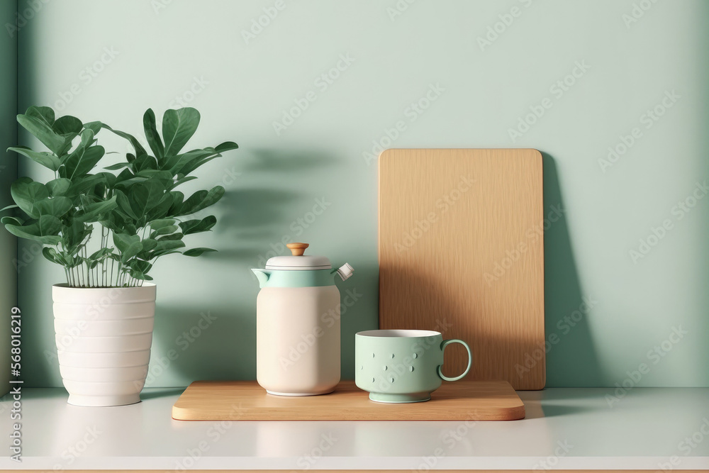 Minimal cozy counter mockup design for product presentation background. Branding in Japan style with wood top green counter and warm white wall with vase plant ceramic mug. Kitchen interior