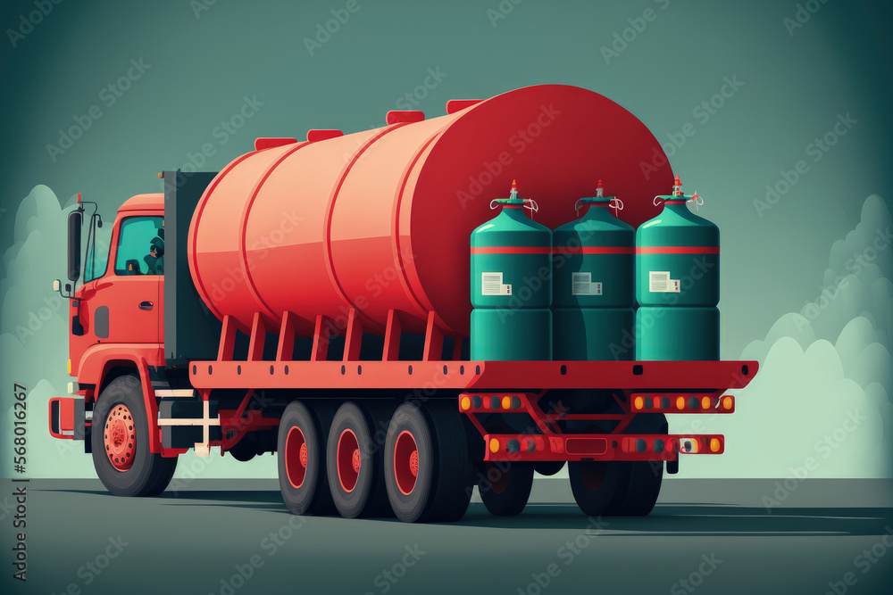 Red cylinders containing compressed gas are transported to consumers by