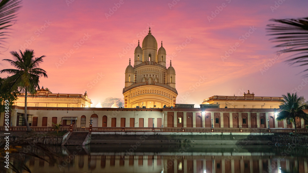 Dakshineswar Kali Temple is located in Kolkata, West Bengal, India, evening or night view of a mandir