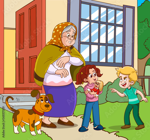 angry boy scolding old woman vector illustration