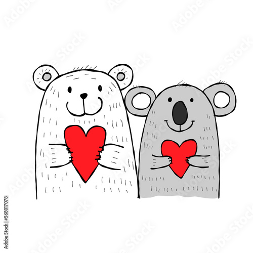 Polar and koala bears with hearts in hands. Be my Valentine. Valentine's day ...