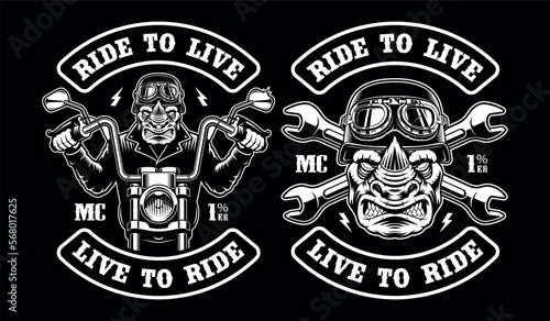 Set of a rhino biker patch on a dark background 