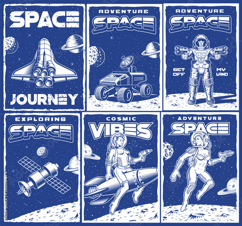 Big bundle vintage space posters with space shuttle, pin up girl astronaut, space rover, satellite. This design can also be used as a t-shirt print.