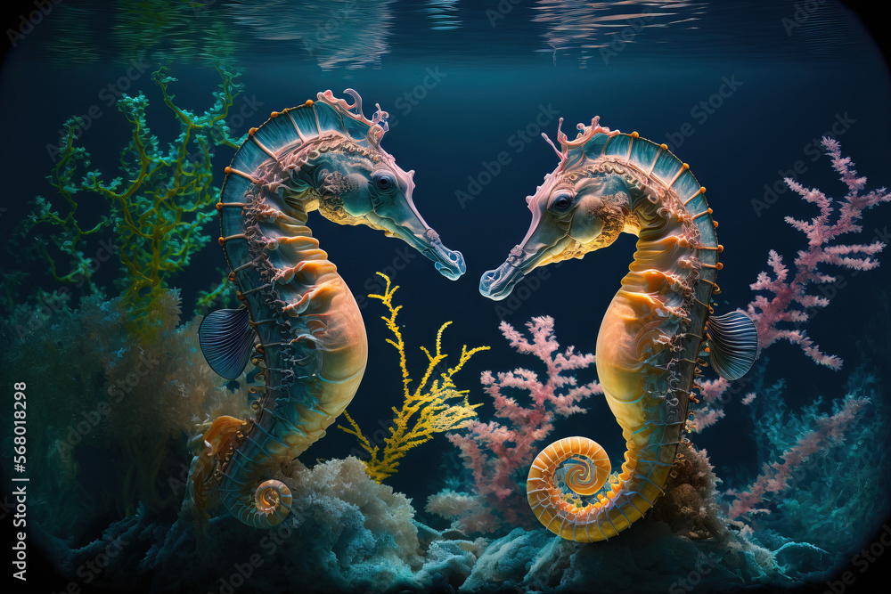 Beautiful scene with two seahorses. Generative AI Beautiful scene with two seahorses. Generative AI
