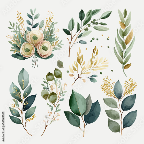 Watercolor floral illustration set - flower and green gold leaf. Decorative elements template. Flat cartoon illustration isolated on white background