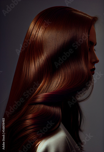  Perfekte, gesunde und glänzende braune Haare im Fokus eines Portraits. Perfekt für Friseur- Haarfarbe- und Shampoo- werbung. -Generative Ai