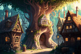 characters from fairy tales in a magical realm. Village in a fantasy cartoon. Generative AI
