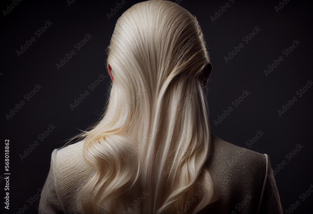 Naklejka premium Perfekte, gesunde und glänzende blonde Haare im Fokus eines Portraits. Perfekt für Friseur- Haarfarbe- und Shampoo- werbung. -Generative Ai