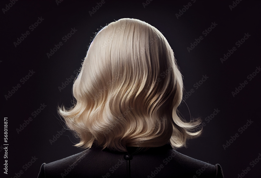 Naklejka premium Perfekte, gesunde und glänzende blonde Haare im Fokus eines Portraits. Perfekt für Friseur- Haarfarbe- und Shampoo- werbung. -Generative Ai
