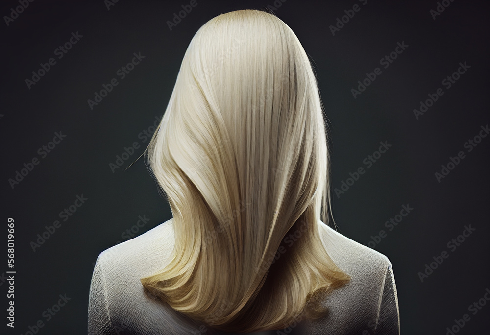Perfekte, gesunde und glänzende blonde Haare im Fokus eines Portraits. Perfekt für Friseur- Haarfarbe- und Shampoo- werbung. -Generative Ai