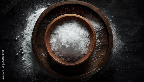Salt in wooden bowl on black kitchen table top view