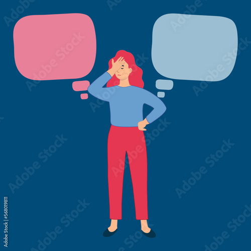 choice; option; ponder; woman; speech; variation; Facepalm. A woman with her face covered with one hand. The need to make a choice between options.