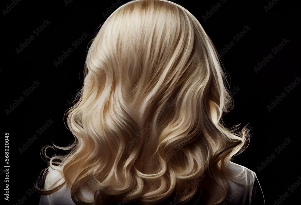 Fototapeta premium Perfekte, gesunde und glänzende blonde Haare im Fokus eines Portraits. Perfekt für Friseur- Haarfarbe- und Shampoo- werbung. -Generative Ai