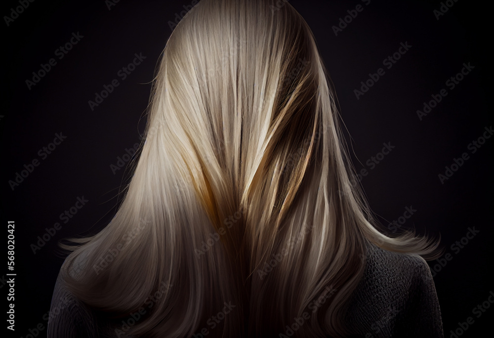Naklejka premium Perfekte, gesunde und glänzende blonde Haare im Fokus eines Portraits. Perfekt für Friseur- Haarfarbe- und Shampoo- werbung. -Generative Ai