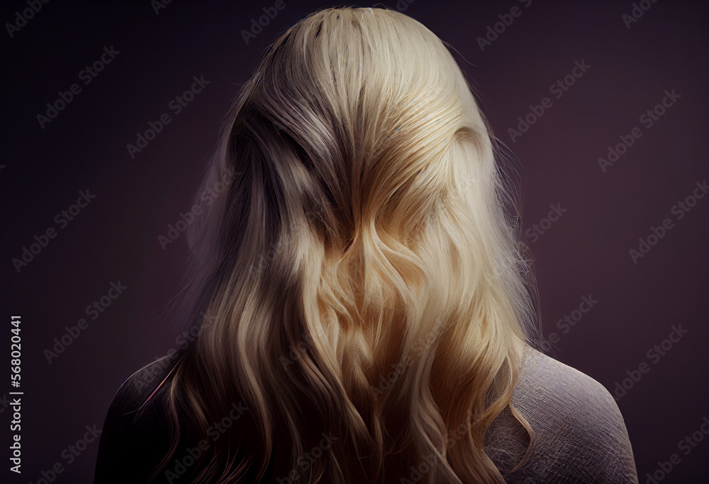 Naklejka premium Perfekte, gesunde und glänzende blonde Haare im Fokus eines Portraits. Perfekt für Friseur- Haarfarbe- und Shampoo- werbung. -Generative Ai