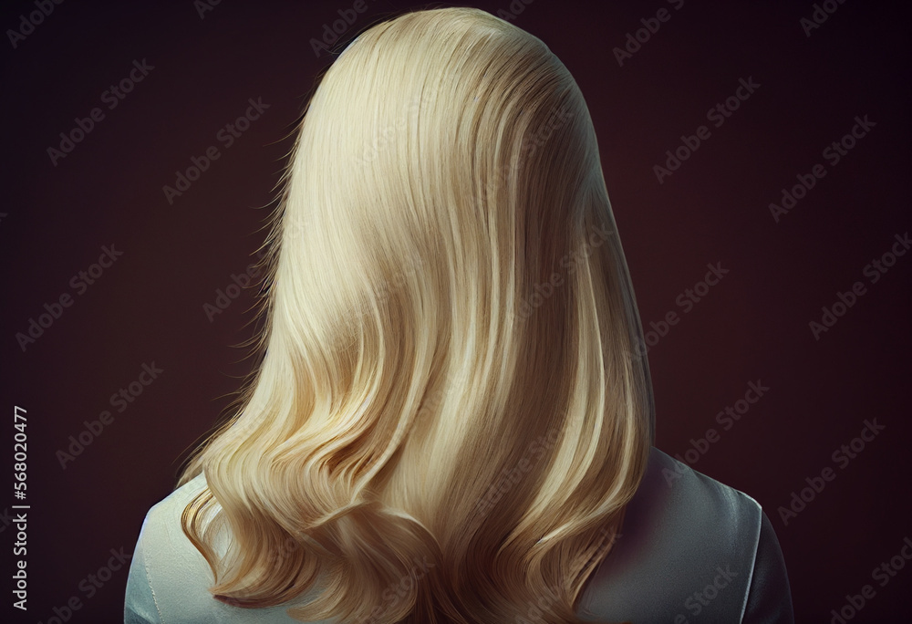 Naklejka premium Perfekte, gesunde und glänzende blonde Haare im Fokus eines Portraits. Perfekt für Friseur- Haarfarbe- und Shampoo- werbung. -Generative Ai