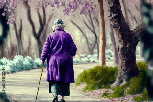 Elderly woman walking in the park. Retired woman with walking stick , generative ai