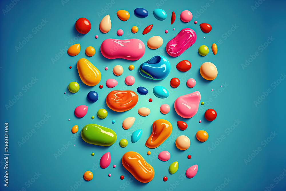The blue backdrop is covered in various jelly beans. Generative AI