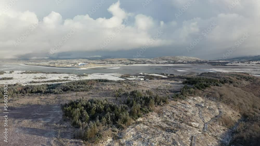 Aerial view of snow covered Bonny Glen by Portnoo in County Donegal, Ireland. Aerial view of snow covered Bonny Glen by Portnoo in County Donegal, Ireland.