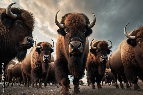 Wide-angle shot of herd of bison with shaggy fur and sturdy builds, concept of Panoramic View and Low Perspective, created with Generative AI technology