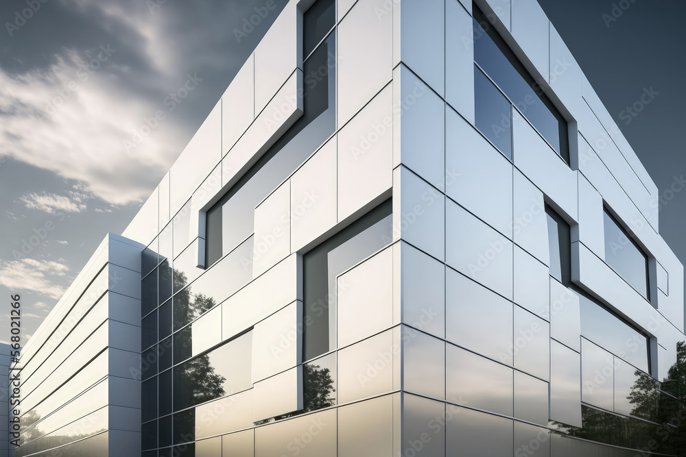 White aluminum composite panels are used in an office building. a glass and metal facade wall. current corporate architecture that is abstract. Generative AI White aluminum composite panels are used in an office building. a glass and metal facade wall. current corporate architecture that is abstract. Generative AI