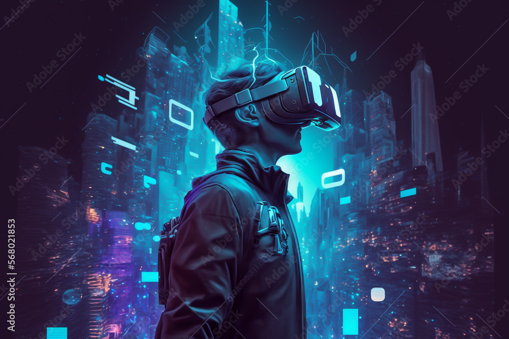Obraz premium AI Metaverse concept collage design with man wearing VR headset illustration, man with smart glasses futuristic technology cyberpunk background
