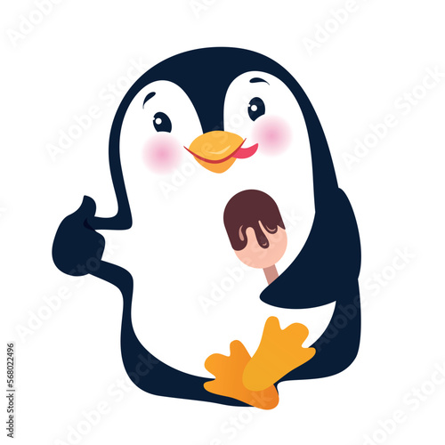 Friendly happy penguin holding ice cream and thumbs up gesture