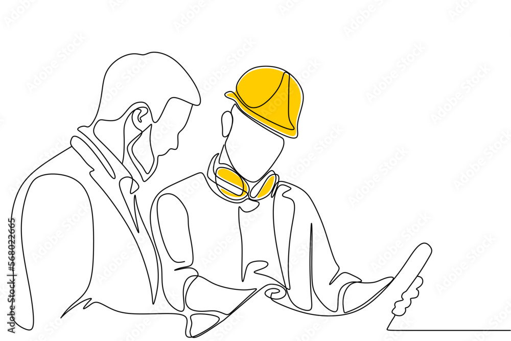 Single continuous line drawing of young construction manager giving instruction to builder coordinator at site meeting. Building architecture business concept. One line draw design vector Single continuous line drawing of young construction manager giving instruction to builder coordinator at site meeting. Building architecture business concept. One line draw design vector