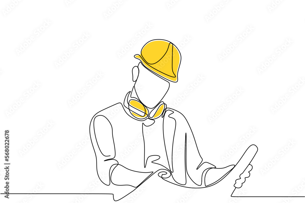 Single continuous line drawing of young construction worker. Building architecture business concept. One line draw design vector