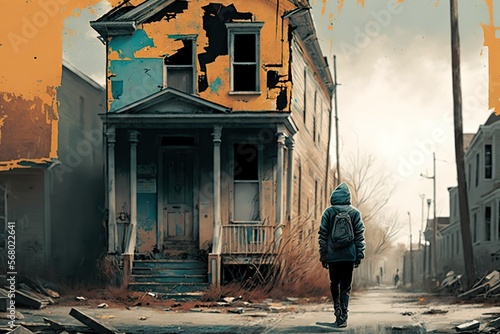 Person walking through neighborhood with boarded-up and abandoned buildings, concept of Urban Decay and Gentrification, created with Generative AI technology