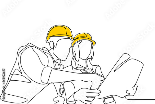 Single continuous line drawing of young construction manager giving instruction to builder coordinator at site meeting. Building architecture business concept. One line draw design vector
