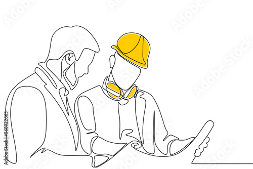 Single continuous line drawing of young construction manager giving instruction to builder coordinator at site meeting. Building architecture business concept. One line draw design vector
