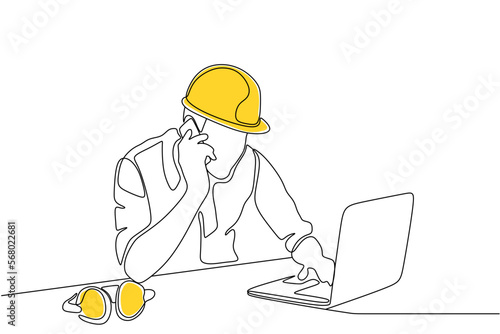 Single continuous line drawing of young construction worker. Building architecture business concept. One line draw design vector