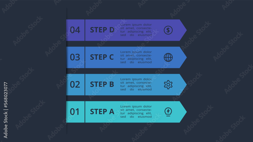 Arrows dark infographic with 4 elements template for web on a black background, business, presentation. Vector Arrows dark infographic with 4 elements template for web on a black background, business, presentation. Vector